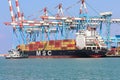 Haifa, Israel - October 11, 2021: MSC Mega Container Ship docked at Haifa shipping port.