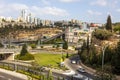 Highway interchange with traffic on multiple levels, Aerial image