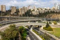 Highway interchange with traffic on multiple levels, Aerial image