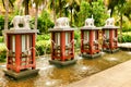Hainan, China - June 29, 2018: Elephant-shaped fountains with raised trunks from which water flows at the main entrance of the Kim