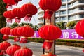 Hainan island in Shenzhou Peninsula, China - February 12, 2017:Street view with many Chinese red lanterns