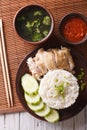 Hainanese chicken rice, chilli sauce and bouillon close-up. vert