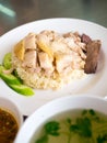 Hainanese chicken rice on a plate with soup Royalty Free Stock Photo