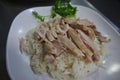 Hainanese chicken rice or rice steamed with chicken soup on white plate Royalty Free Stock Photo