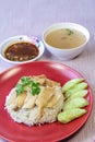 Hainanese Chicken Rice with sauce and soup Royalty Free Stock Photo