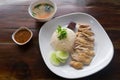 Hainanese Chicken Rice with sauce and soup Royalty Free Stock Photo