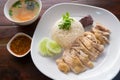 Hainanese Chicken Rice with sauce and soup Royalty Free Stock Photo