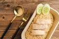 Hainanese Chicken rice Singapore chicken rice famous singapore food and Thai food on dark wood table. Asian food style Royalty Free Stock Photo