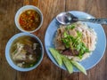 Hainanese chicken rice , Thai gourmet steamed chicken with rice, bean sauce and soup. Royalty Free Stock Photo