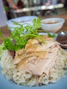 Hainanese chicken rice , Thai gourmet steamed chicken with rice, bean sauce and soup. Royalty Free Stock Photo