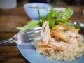 Hainanese chicken rice , Thai gourmet steamed chicken with rice, bean sauce and Royalty Free Stock Photo