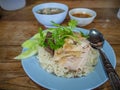 Hainanese chicken rice , Thai gourmet steamed chicken with rice, bean sauce and soup Royalty Free Stock Photo