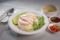 Hainanese chicken rice on a white table background, Steamed chicken rice with spicy sauces and chicken soup, Royalty Free Stock Photo