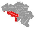 Hainaut red highlighted in map of Belgium