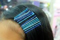 Hair Accessories Blue Hairpin. Young Woman with Hair Clips in Hair