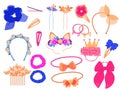 Hair accessories. Different girly style elements. Headbands, tiaras, elastic bands and hair pins, decorative flowers, silk ribbons Royalty Free Stock Photo