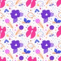 Hair accessories seamless pattern. Repeated female style elements, romantic colors elastics, pink bows, purple ribbons