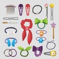 Hair accessories. Stylish girlish equipment plastic pins clips grooming tools rubber bands recent vector colored set