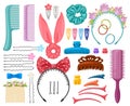 Hair accessories. Woman hair items, hair clips, hairpins, hairband and hair grips, female hair tools. Fashion hair