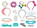 Hair accessories. Woman hair items stylist salon flowers elastic bands bows hoops vector cartoon illustrations