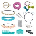 Hair accessories. Woman stylish hair item clips flowers bandanas gags bows elastic bands hoops vector cartoon