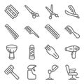 Hair Barber shop icon illustration vector set. salon, razor blade, clippers, barber pole, scissors Editable stroke