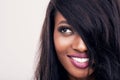 Hair, beauty and face of black woman in studio for makeup, human extensions or cosmetics. Headshot of african female