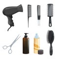 Hair beauty salon equipment set. Hairspray, scissors, comb for styling, hairbrush, dryer,brown bottle with gel .