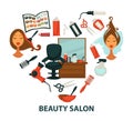 Hair beauty salon vector hairdresser parlor heart poster of hairdressing and dyeing equipment