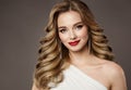 Hair Beauty Woman Portrait. Model Girl Luxury Hairstyle and Red Lips Make up. Volume Curly Blonde Hair Style. Elegant smiling Lady Royalty Free Stock Photo