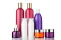 Hair, body cosmetic plastic bottles, face cream, serum glass bottles template on white background isolated close up