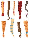 Hair braids. Long female fashion plaits. Vector illustration of human hair in different natural colors. Cartoon art