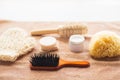 Hair brush, cream, sponge, soap bar and bath towel Royalty Free Stock Photo