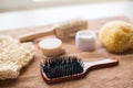 Hair brush, cream, sponge, soap bar and bath towel Royalty Free Stock Photo