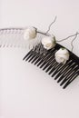 Hair care. Accessories and decorations. Two scallops for hair are transparent and black in color. Artificial rose flowers are beig