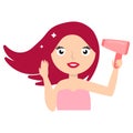 Pretty girl drying her hair with hairdryer, illustration vector