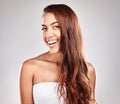 Hair care, beauty and portrait of a woman in studio for a keratin, brazilian or botox hair treatment. Happy, smile and Royalty Free Stock Photo