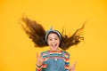 Hair care. Energy inside. Vacation time. Fashion trend. Little fashionista yellow background. Cute kid fashion girl Royalty Free Stock Photo