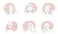 Hair care line icons set, instructions for beauty routine at home, girl washing hair