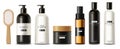 Hair care set cosmetics vector realistic. Shampoo, oil, butter and conditioner. Product placement mock ups