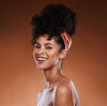 Hair care, skincare and black woman with a smile for beauty against a brown studio background. Wellness, happy and Royalty Free Stock Photo