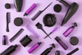 Hair care, styling and coloring products with hair dye hairdressing tools. Top view, flatlay Royalty Free Stock Photo