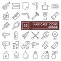 Hair care thin line icon set, beauty symbols collection, vector sketches, logo illustrations, cosmetics signs linear