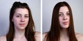 Hair care. Before and after washing hair on a gray background Royalty Free Stock Photo