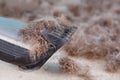 Hair clipper with dirty nozzle and clipped hair.Selective focus.Close up.Concept of violation of sanitary standards, uncleanliness