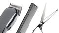 Hair clipper, Scissors, comb. Professional barber hair clipper and shears for Men haircut. Hairdresser salon equipment Royalty Free Stock Photo