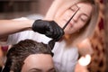 Hair coloring in the salon, hair styling. Professional wizard paints the hair in the salon. Beauty concept, hair care. Royalty Free Stock Photo