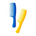 Yellow and blue combs isolated on white background. Hairdresser`s tool for hair care.