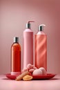 Hair cosmetics bottles color background copy space