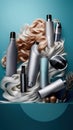 Hair cosmetics bottles color background copy space